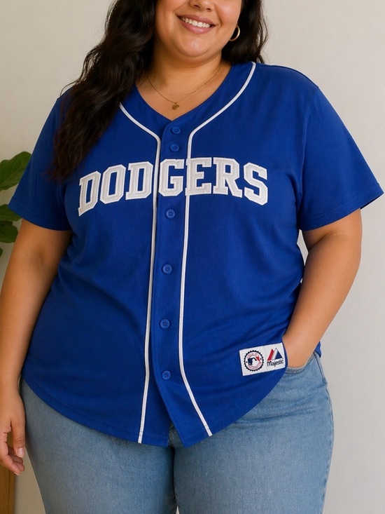 Los Angeles Dodgers Tops - Dodgers Majestic Blue Baseball Button-Up Jersey with White Piping
